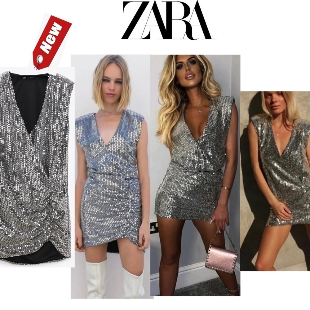 ZARA draped sequin mini dress silver metallic Bloggers fave Sz XS NWT